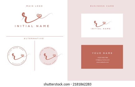 handwriting signature r logo initial with heart shape and business card