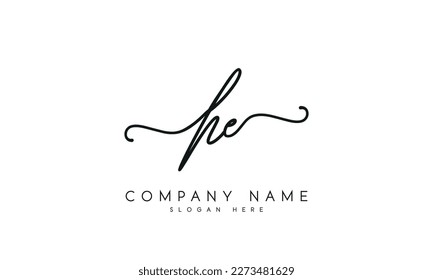Handwriting signature style letter he h e logo design in white background.