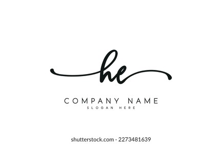 Handwriting signature style letter he h e logo design in white background.