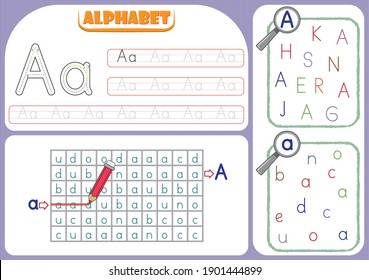 Handwriting skills, Alphabet tracing worksheet for kids. Writing practice. Exercises for kids