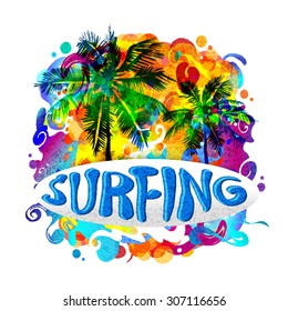 Handwriting SURFING inscription on a surfboard on a bright, colorful background with palm trees
