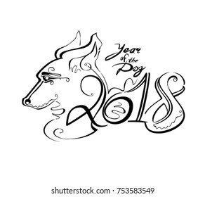 Handwriting template with the 2018 and dog head. Line Art curl. Year of the Dog on the Chinese calendar.