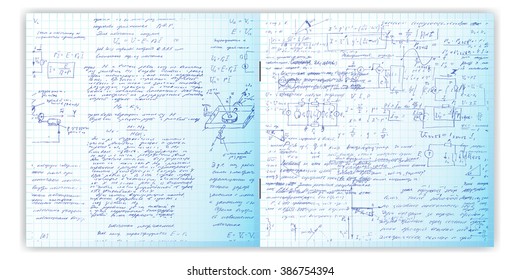 Handwriting text. Calligraphy text on a grid copybook paper. Open exercise book. Archives, science, geometry, math, physics, electronic engineering subjects. Natural writing style.