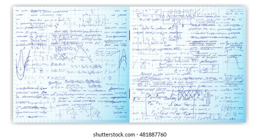 Handwriting text. Calligraphy text on a grid copybook paper. Open exercise book. Archives, science, geometry, math, physics, electronic engineering subjects. Natural writing style.