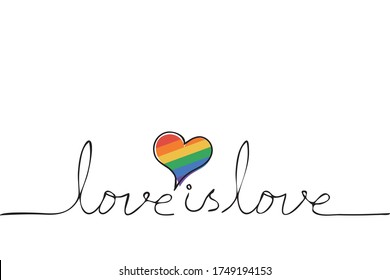 Handwriting text Love is Love with heart shape colored in six rainbow colors isolated on white background. Copy space for design or text. LGBT and pride celebration concept. Flat vector illustration