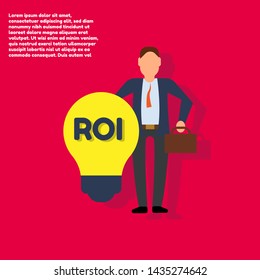 Handwriting text Roi.manager or businessman and big Yellow Lightbulb for Ideas.business growth Person with lightbulb and text roi