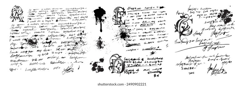 Handwriting text sketch notes, vector old vintage written background, ink dirty splash diary blots. Pen scribble abstract texture calligraphy document, retro grunge paper. Handwriting text sign