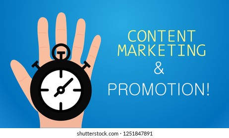 Handwriting text writing Content Marketing And Promotion. Concept meaning Online social media modern advertising analysis Hand Holding Mechanical Stop Watch Timer with Start Stop Button