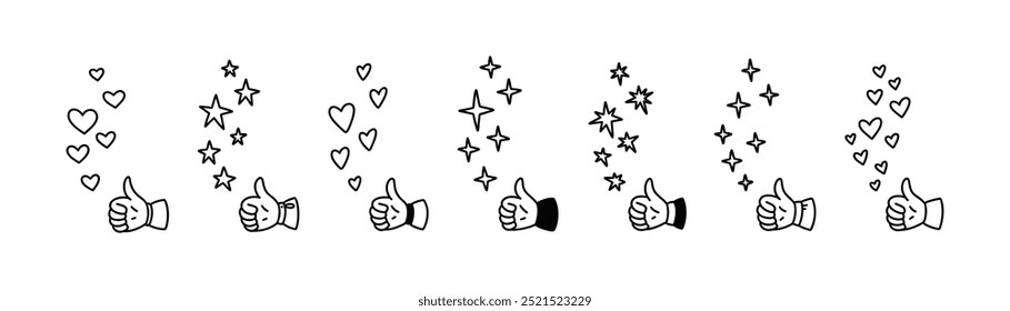 Handwriting thumb up like icons set. Cute line doodle falling stars and hearts. Social media reaction symbol. Like button. Post share concept. Live stream feedback illustration