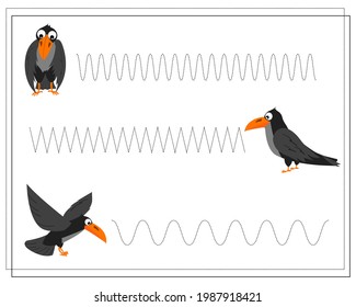 handwriting training game for kids, point to point, crow, halloween. vector isolated on a white background.