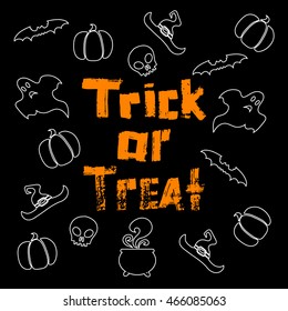 handwriting trick or treat. greetings card for halloween. design elements. vector illustration on black background