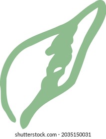 Handwriting is unstable. Leaf drawn by old lady in doodle style. Simple flat green illustration of summer foliage. Vector botanical primitive picture. Space filler. Modern design asset for templates.