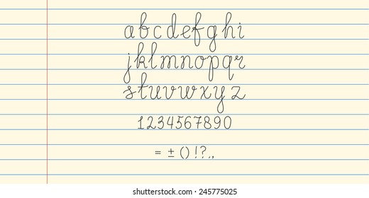 Handwriting Vector Lower Case Font, Children Handwriting, Banner, Template On Paper With Lines