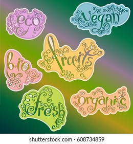 Handwriting  Vector Set. Labels and Tags for Organic Food Packaging. Vintage Lettering with Swirl, Curl and Broken Contour.
