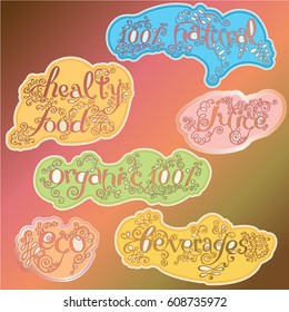 Handwriting  Vector Set. Labels and Tags for Organic Food Packaging. Vintage Lettering with Swirl, Curl and Broken Contour.