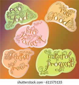 Handwriting  Vector Set. Labels and Tags for Organic Food Packaging. Vintage Lettering with Swirl, Curl and Broken Contour.