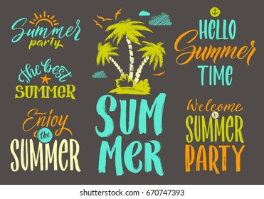 Handwriting vector words set for summer postcard decoration. Vintage illustrations. Lettering text hello summer and summer time party