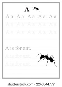 Handschrift für Kinder. In Großbuchstaben und Kleinbuchstaben wird das Aktivitätsbuch für Kinder praktiziert. Arbeitsblätter zum Lernen von Briefen. Buchstabe A. 