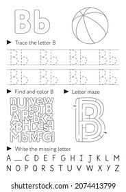 Handwriting workbook for children. Worksheets for learning letters. Activity book for kids. Black and white educational pages for preschool. Letter B.