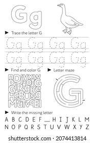 Handwriting workbook for children. Worksheets for learning letters. Activity book for kids. Black and white educational pages for preschool. Letter G.