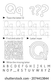 Handwriting Workbook For Children. Worksheets For Learning Letters. Activity Book For Kids. Black And White Educational Pages For Preschool. Letter Q.