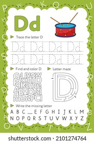 Handwriting workbook for children. Worksheets for learning letters. Activity book for kids. Educational pages for preschool. Letter D