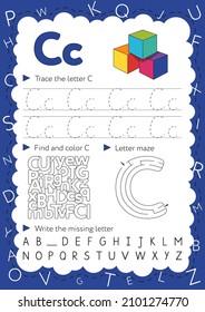 Handwriting workbook for children. Worksheets for learning letters. Activity book for kids. Educational pages for preschool. Letter C svg