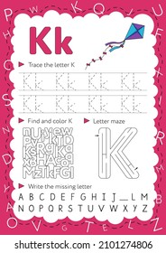 Handwriting workbook for children. Worksheets for learning letters. Activity book for kids. Educational pages for preschool. Letter K