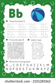 Handwriting workbook for children. Worksheets for learning letters. Activity book for kids. Educational pages for preschool. Letter B