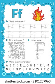 Handwriting workbook for children. Worksheets for learning letters. Activity book for kids. Educational pages for preschool. Letter F