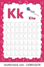 Libro de escritura a mano para niños. Hojas de cálculo para cartas de aprendizaje. Libro de actividades para niños. Páginas educativas para preescolar. Letra K