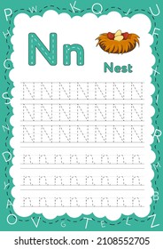 Handwriting workbook for children. Worksheets for learning letters. Activity book for kids. Educational pages for preschool. Letter N