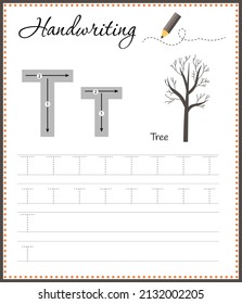 Handwriting workbook for children. Worksheets for learning letters. Activity book for kids. Educational pages for preschool. Letter T.