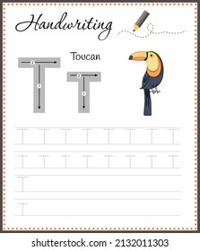 Handwriting workbook for children. Worksheets for learning letters. Activity book for kids. Educational pages for preschool. Letter T.