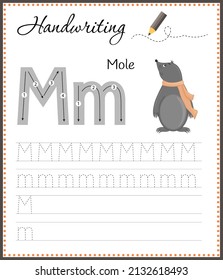Handwriting workbook for children. Worksheets for learning letters. Activity book for kids. Educational pages for preschool. Letter M.