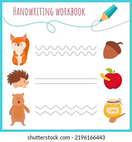 Handwriting workbook for children. Worksheets for learning letters. Activity book for kids. Educational pages for preschool. Fox, hedgehog, bear, apple, honey, acorn