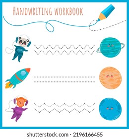 Handwriting workbook for children. Worksheets for learning letters. Activity book for kids. Educational pages for preschool. Cosmonauts, planets, rocket