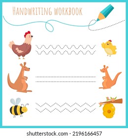 Handwriting workbook for children. Worksheets for learning letters. Activity book for kids. Educational pages for preschool. hicken, kangaroo, bee, nestling, beehive.