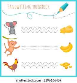 Libro de escritura a mano para niños. Hojas de cálculo para cartas de aprendizaje. Libro de actividades para niños. Páginas educativas para preescolar. Ratón, mono, gallo, maíz, plátano, queso