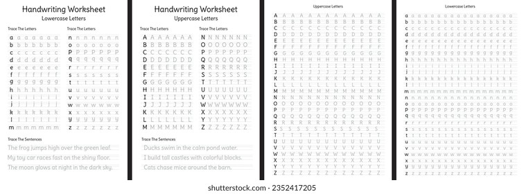 Handwriting Worksheet Lowercase and uppercase letters sentences. Isolated on white background. Ready print file. Vector