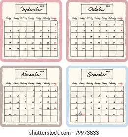 Handwritten 2012 Calendar with grunge Elements. Months September, October, November and December. vector Version.