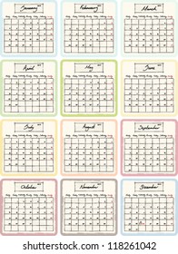 Handwritten 2013 Calendar. Full 12 Month set. Vector eps10 version.