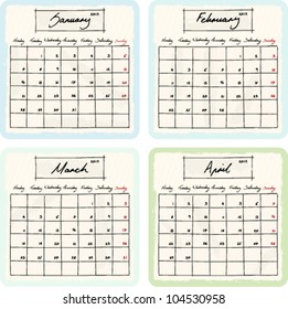 Handwritten 2013 Calendar with grunge Elements. Months January, February, March and April. Vector Version.