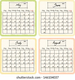 Handwritten 2014 Calendar with grunge Elements. Months May, June, July and August. Vector Version.