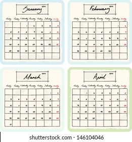 Handwritten 2014 Calendar with grunge Elements. Months January, February, March and April. Vector Version.