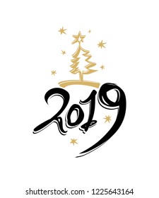 Handwritten 2019 Christmas tree and stars for the New Year design. Vector template.