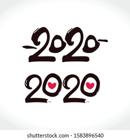 Handwritten 2020 and 2020 with hearts set of two patterns. Happy New Year 2020 vector logo. Design template card, cover, calendar, brochure, poster, banner. 