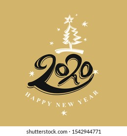 Handwritten 2020. Snow Christmas tree and stars for the New Year design. Vector template. 

