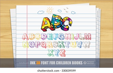 Handwritten 3d Ink Font. PERFECT FOR: albums, for children`s hand coloring, children books, notebooks and magazines, Greeting Cards, Invitations, T-shirts, Typographic Design. Vector