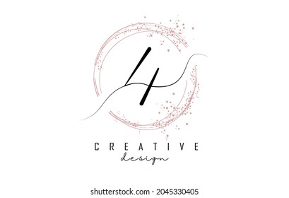 Handwritten 4 four number logo with dust pink sparkling circles and glitter. Decorative shiny vector illustration with number 4.

